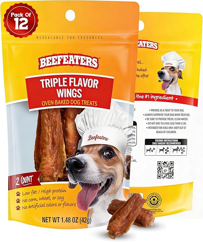Beefeaters Triple Flavor Wings 1.48oz (Pack of 12) - Rawhide Dog Treats Wrapped with Real Chicken | Promotes Dental Health | Dog Food Long-Lasting Chew | Training Treats for All Dog Sizes