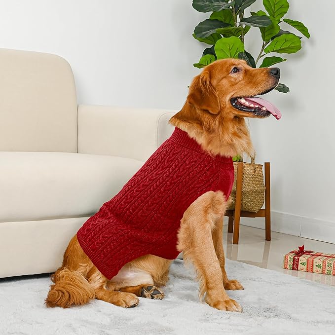 2 Pack Dog Sweaters for Large Dogs Winter Turtleneck Pullover Cable Knit Fleece Stretch Pitbull Labrador Golden Retriever Doberman Bulldog Boy Girl Pet Clothes (XXL, Red & Green)