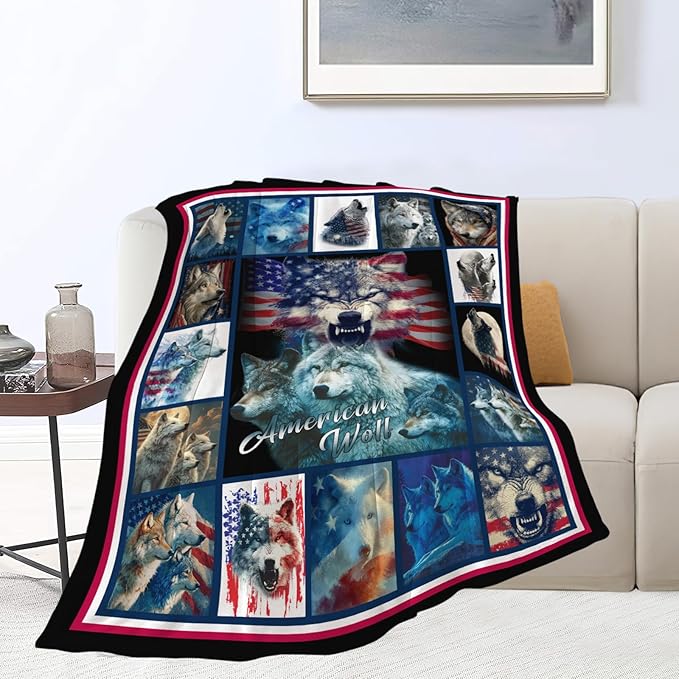 Wolf Throw Blanket American Flag Wolf Stuff Gifts for Kids Girls Boys Adults Women Men Soft Cozy Warm Plush Fluffy Fuzzy Fleece Blanket Decor 40''X50''