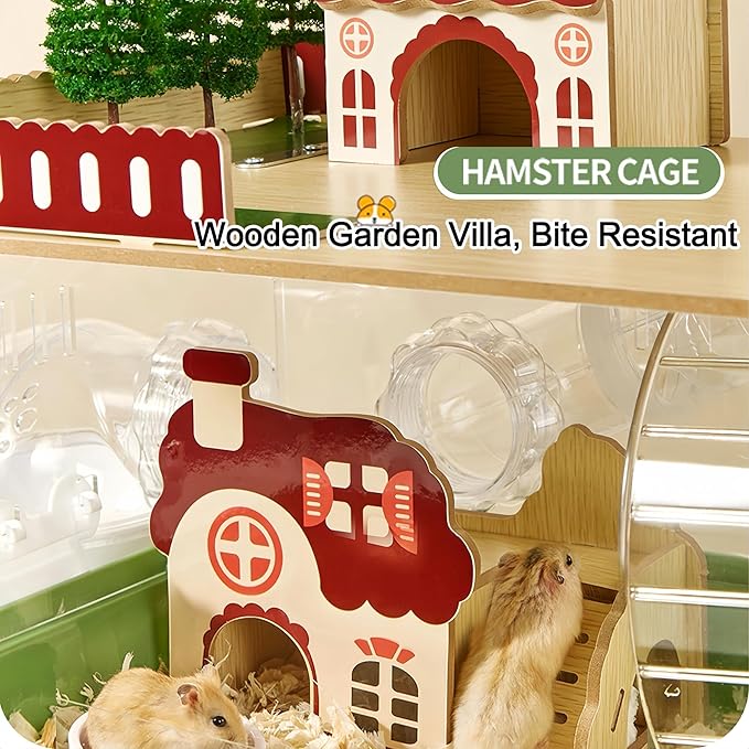 12 in 1 Clear Acrylic Hamster Cage with All Accessories,13.5''L* 10''W* 15''H Dwarf Hamster Cage,Magnetic Connection Small Hamster Enclosure,Garden Style Wooden Mouse Cage for Pet Mice(2-Layer,Green)