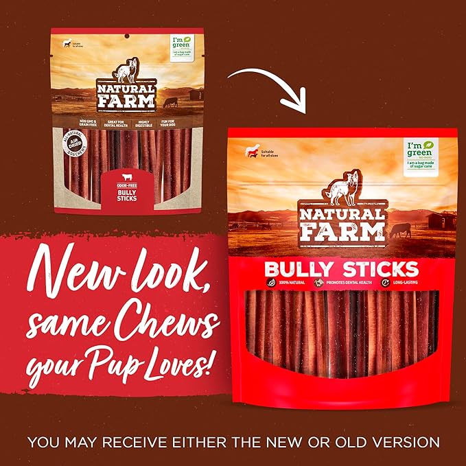 Natural Farm Thin Bully Sticks (6 Inch, 25 Pack), Natural Dog Dental Treats, Grain-Free, Preservative-Free, Low-Fat, & Fully Digestible - Best for Small, Senior or Light Chewers