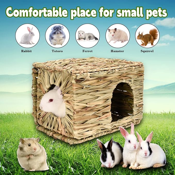 Grass House for Rabbits,Sangle Sopffy,Hand Woven Bunny Grass House,Natural Grass Hideaway for Bunny Guinea Pig Chinchilla Ferret Hamster Squirrel with Rabbit Chew Toys (2 Pack, 14.5*11.4*10.2inch)