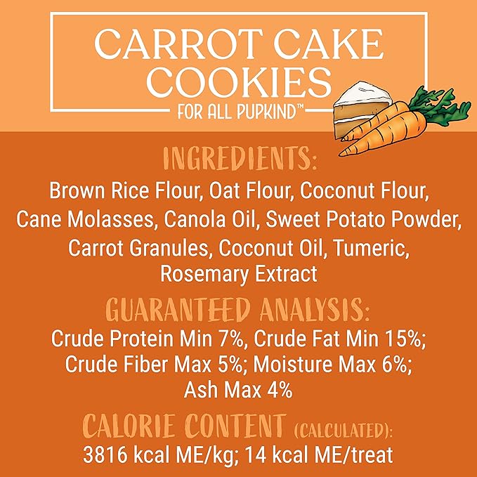 Carrot Cake Cookies|Lactose Free - Soy Free - Gluten Free - Wheat Free | USA Made | for All Breeds | 14 oz of All Natural, Baked, Crunchy Goodness