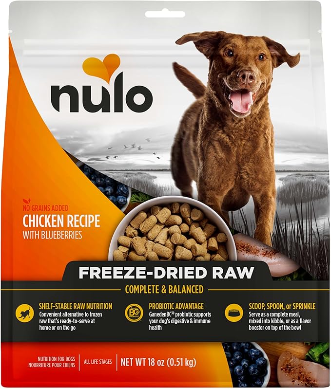 Nulo Freeze-Dried Raw Chicken Recipe with Blueberries Complete and Balanced Dry Dog Food Kibble, 18 Ounce Bag