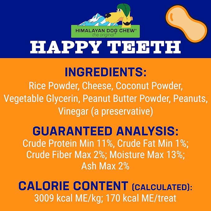 Happy Teeth Natural Cheese Dog Chews | Peanut Butter Flavor | Dental Chew | Protein Rich | Gluten Free - Lactose Free - Wheat Free - Soy Free | 2 Happy Teeth Chews per Resealable Pouch (Pack of 2)