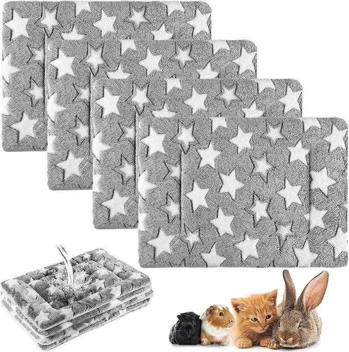 Haull 4 Pcs Waterproof Guinea Pig Bedding Guinea Pig Bed Plush Cage Liners Soft Rabbit Dog Crate Pad Cat Mat Reversible Cozy Animal Pee Pad Hamster Bunny Mat Accessory(Gray Star,13 x 18.5 Inch)