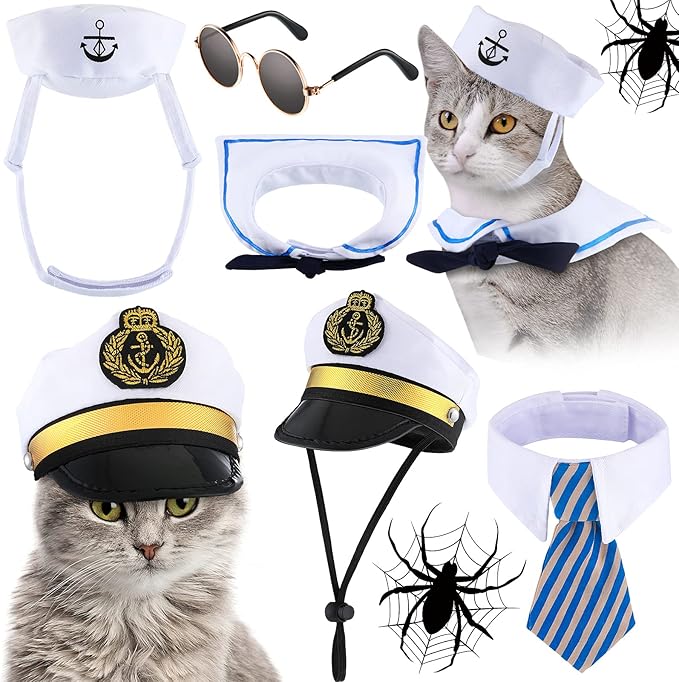 Weewooday 5 Pcs Halloween Cat Sailor Costume Set Captain Hat for Dog Cat Sailor Hat Small Pet Tie Collar Necktie Sunglasses Navy Costume Outfit for Puppy Kitten Halloween Cosplay Parties Photo Props