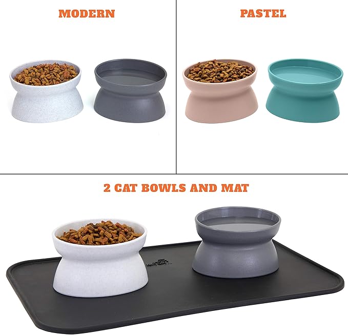 Kitty City Raised Cat Food Bowls and Mat Kit, Each Holds 6.5 Ounces- Pet Bowl for Dogs Cats and Pets, Model Number: CM-0297-CS01