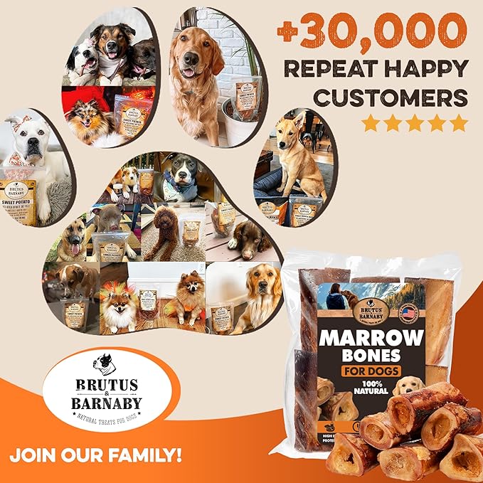 BRUTUS & BARNABY Marrow Bones for Dogs – 100% USA-Sourced Beef Bones – Long-Lasting, All-Natural Dog Chews – High Protein, Supports Dental Health, (6-pk) – Made in The USA