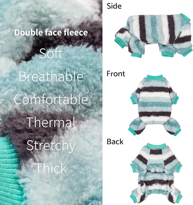 Fitwarm Fuzzy Striped Dog Fleece Pajamas, Warm Winter Clothes for Small Dogs Boy Girl, Cozy Pet Onesie with Feet, Light Sea Green, Black, White, XXL