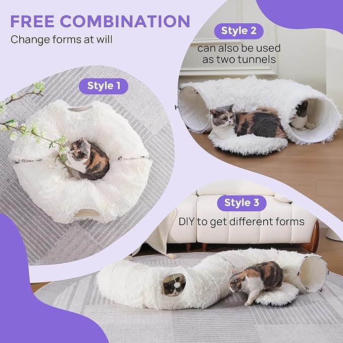 Cat Tunnel with Bed – Soft Plush Peekaboo Donut Cave for Indoor Cats | Under Christmas Tree Hideaway & Multifunctional Playground Toy for Kittens, Rabbits, Ferrets (Long-Pile Fabric White)