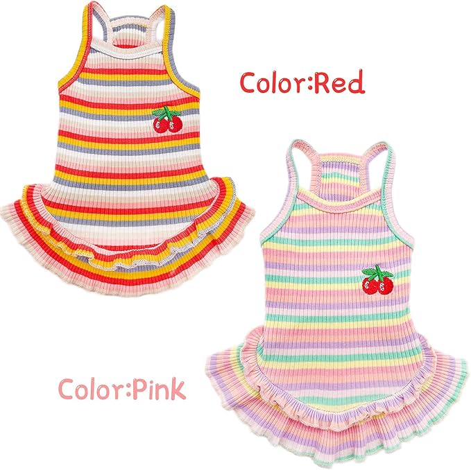 Cute Dog Dress for Small Dogs Girl Birthday Puppy Clothes Spring Summer Dog Outfits Rainbow Colorful Striped Cherry Princess Pet Tutu Skirt Doggie Cat Chihuahua Yorkies Dresses