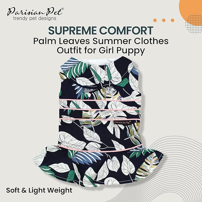 Parisian Pet Palm Dog Dress - 100% Cotton Summer Clothes for Large Dogs Girl - Tropical Leaf Pet Dress - Stylish Beach Dog Outfit - Lightweight Puppy Clothes - Green Dresses for Dogs