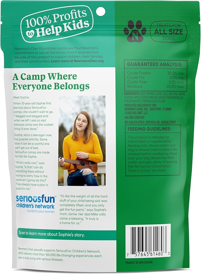 Newman's Own Original Beef Jerky Dog Treats, 5 oz Bag (Pack of 6) — High Protein, Grain Free, Grass-Fed Beef as First Ingredient, Chewy Wholesome Training Rewards