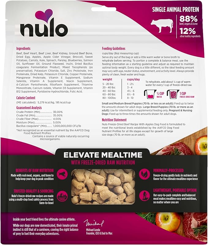 Nulo Freeze-Dried Raw Beef Recipe with Apples Complete and Balanced Dry Dog Food Kibble, 18 Ounce Bag
