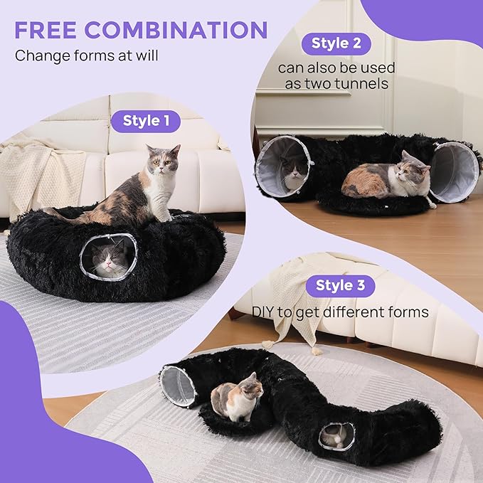 Cat Tunnel with Bed – Soft Plush Peekaboo Donut Cave for Indoor Cats | Under Christmas Tree Hideaway & Multifunctional Playground Toy for Kittens, Rabbits, Ferrets (Long-Pile Fabric Black)