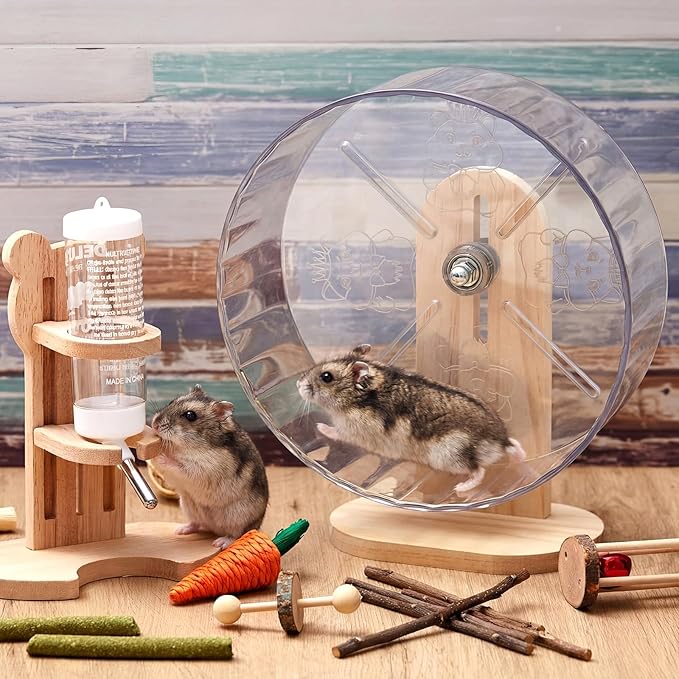 2 Pcs M, 9.5 Inch Transparent Hamster Wheel Adjustable Silent Exercise Wheel with Water Bottle Stand Stable Running for Dwarf Hamster Gerbil Mouse Small Animal Cage Accessories