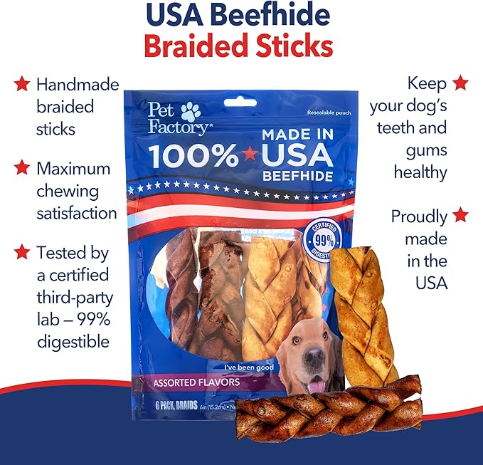 Pet Factory 100% USA Made Natural Beefhide Dog Chew Sticks - 6in Braided Dog Rawhide Bones with Beef & Chicken Flavors for Dental Health & Safe Chewing - 6 inches (Pack of 6)