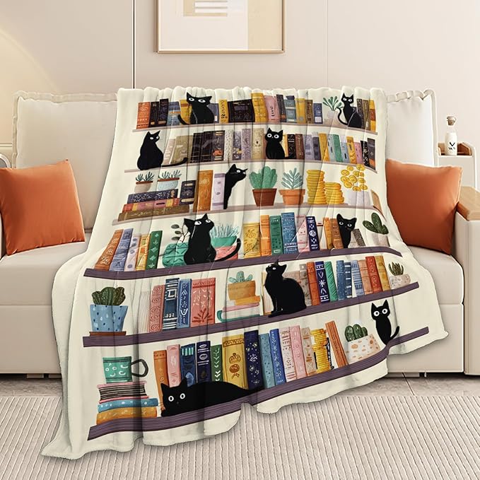 Black Cat Throw Blanket Book Cat Bookshelf Stuff Gifts for Kids Girls Boys Adults Women Men Soft Cozy Warm Plush Fluffy Fuzzy Fleece Blanket Decor 60''X80''