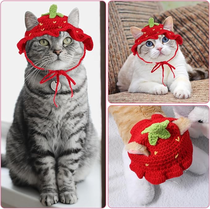 Strawberry Cat Hat, Handmade Knit Cute Soft Dog Cat Hat Halloween Christmas Party Costume Head Wear Accessories for Cats Birthday Puppy Hats for Kitten Small Pets (Red, M)