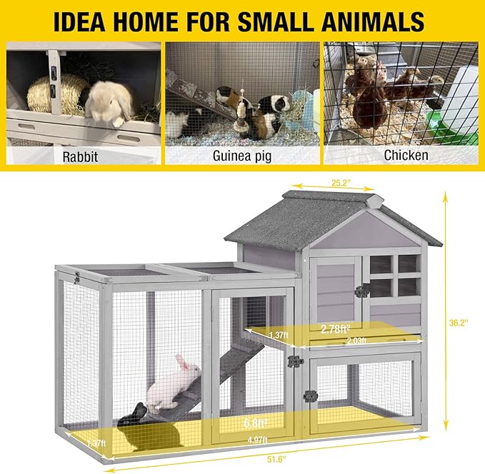 Rabbit Hutch Indoor Outdoor Bunny Cage Rabbit cage with Run, Deeper No Leak Tray, Weatherproof
