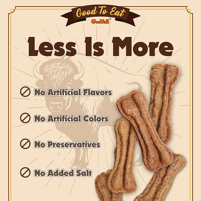 Gootoe Buffalo Dog Treats, Natural Low-Fat Chews for Training & Rewards, Limited Ingredient, Puppy Treats for Small Dogs & Puppies, Resealable Bag, Buffalo Bites Bone Shaped, 1.5 lb