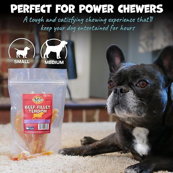 Beef Tendons for Dogs - Single Ingredient Dog Treats & Chews for Small Dogs and Medium Breeds - Dog Chew Sticks - 4-6" (12ct)
