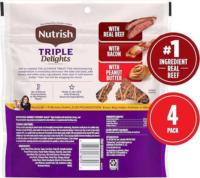 Nutrish Triple Delights Premium Dog Treats with Real Beef, Bacon, and Peanut Butter, 11 oz. Pouch, Pack of 4