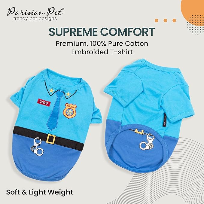 Parisian Pet Police Dog Costume - 100% Cotton Blue Dog Clothes for Small Dogs - Lightweight Puppy Outfits - Funny Chihuahua Clothes - Cute Cop Uniform Pet Shirt - Stretchy T Shirt for Dogs