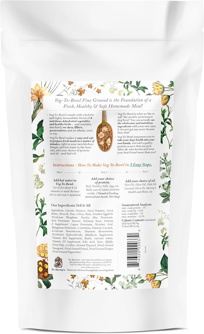 Dr. Harvey's Veg-to-Bowl Fine Ground Dog Food, Human Grade Dehydrated Base Mix for Dogs, Grain Free Holistic Mix for Small Dogs Trial Size (6.5 oz)