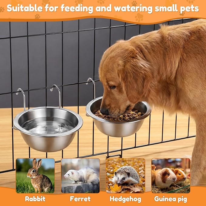 6 Pack Hanging Dog Kennel Bowls, No Spill Crate Water Bowl Food Feeder for Cage Removable Coop Cup with Hook Holder for Puppy Small Cat Ferret Rabbit Stainless Steel Dogs Dish 10 & 20oz