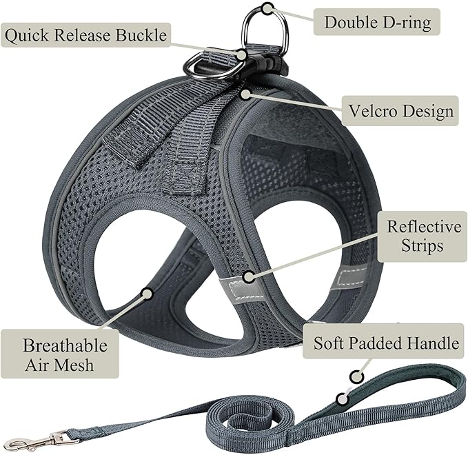 Dog Harness with Leash Set, No Pull Adjustable Reflective Step-in Puppy Pet Vest Harnesses for Small Medium Large Dogs and Cats,Grey S