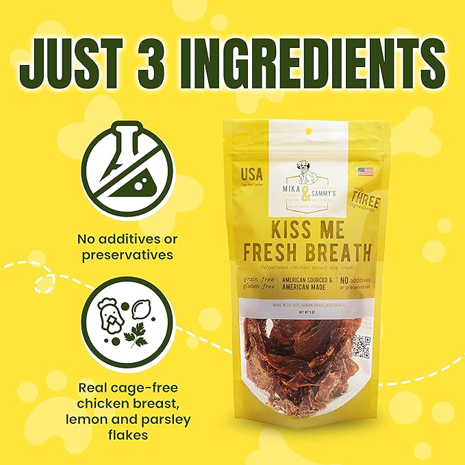 Mika & Sammy's Gourmet Chicken Jerky Dog Treats Made in USA - Kiss Me Fresh Breath - 5oz bag