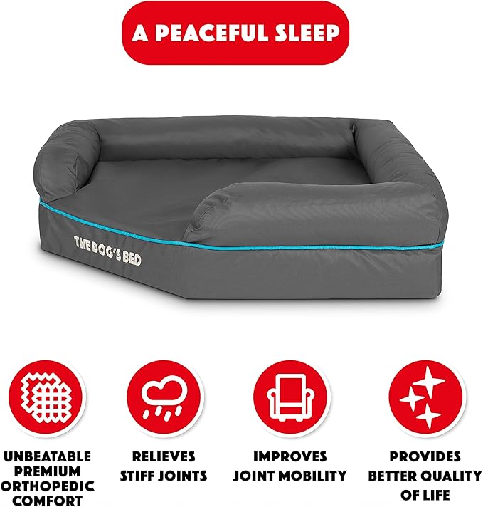 The Dog’s Bed Orthopedic Memory Foam Corner Dog Bed, Calming Surface – CertiPUR-Certified Foam, Oxford Fabric, Grey with Blue Trim, Large
