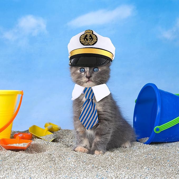 Weewooday 5 Pcs Halloween Cat Sailor Costume Set Captain Hat for Dog Cat Sailor Hat Small Pet Tie Collar Necktie Sunglasses Navy Costume Outfit for Puppy Kitten Halloween Cosplay Parties Photo Props