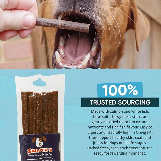 SKIPPER'S Salmon Meat Sticks Dog Treats - 100% Natural & Gently Air-Dried, Soft & Chewy Sticks for Dogs, Essential Source of Omega 3 Fatty Acids, Great for Skin & Coat | (1.76 oz)