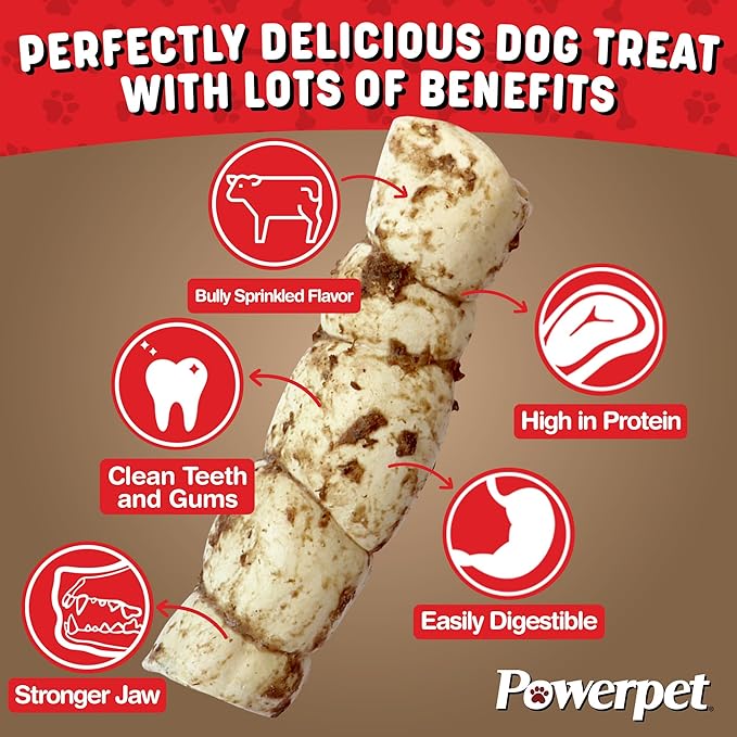 Powerpet Treats Bully Beef Cheek Rolls for Dogs - 100% Natural & Highly Digestible - High Protein, Low Fat - No Rawhide - Soft & Thick Chew Treat - Good Dental Hygiene - Bully Sprinkled Flavor - 1pc