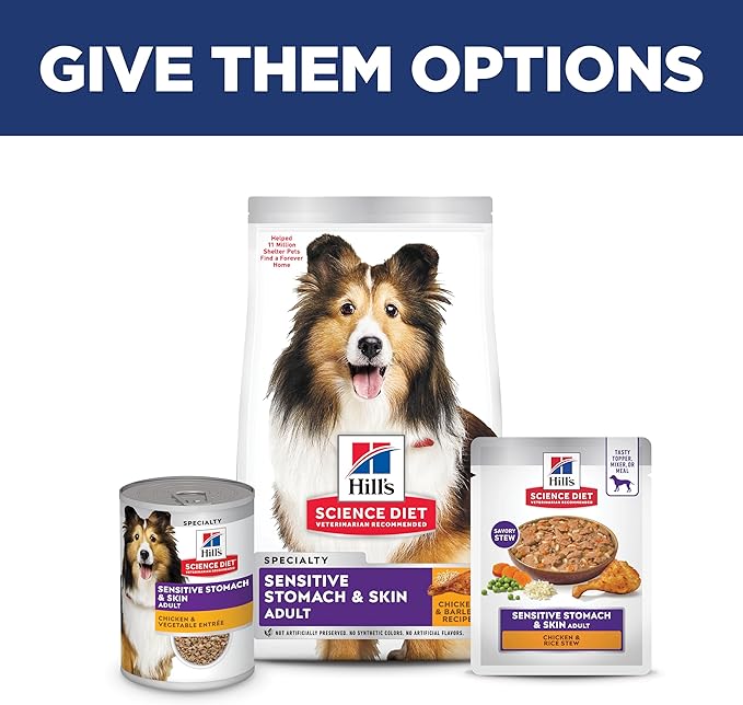 Hill's Science Diet Sensitive Stomach & Skin, Adult 1-6, Stomach & Skin Sensitivity Support, Wet Dog Food, Chicken & Rice Stew, 2.8 oz Pouch, Case of 24