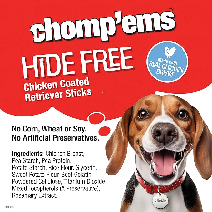 CHOMP 'EMS Chicken Hide Free Dog Chews - Rawhide Free Dog Treats - No Hide Alternative Chew Treat for All Life Stages, Stick, 5in, 10 Count
