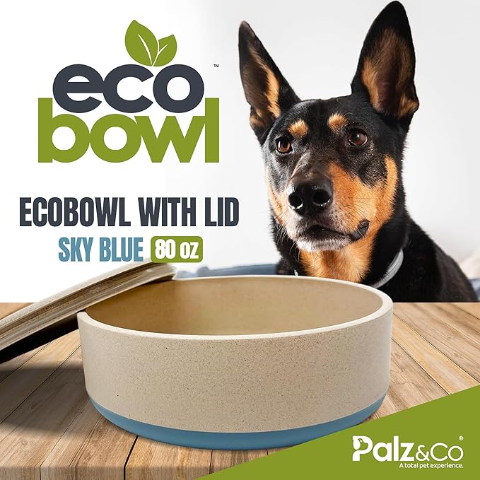 Palz&Co EcoBowl with Lid for Dogs & Cats, 80 oz Blue - Natural Bamboo Pet Bowl with Non-Slip Base, Pet Food and Water Dish, Dishwasher Safe