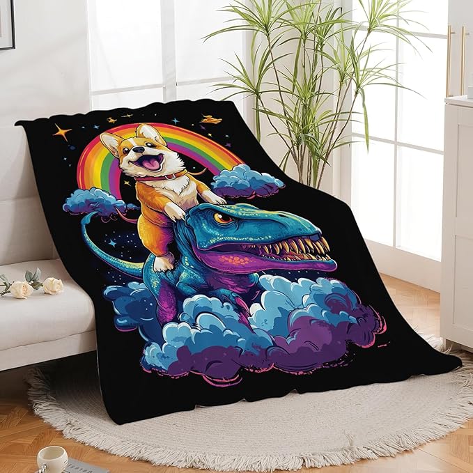 Corgi Blanket Funny Cartoon Corgi Dinosaur Throw Blanket Gifts for Corgi Lovers Girls Boys Kids Men Women Adults Super Soft Cozy Plush Fluffy Fuzzy Fleece Blanket Home Decor 60''X80''