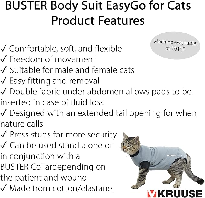 Kruuse Buster EasyGo Recovery Suit for Cats – Black/Grey (3X Small, 11.5") – Soft, Breathable Post-Surgery Bodysuit for Wound Care, Hot Spots & Incontinence – Comfortable Protection for Cats