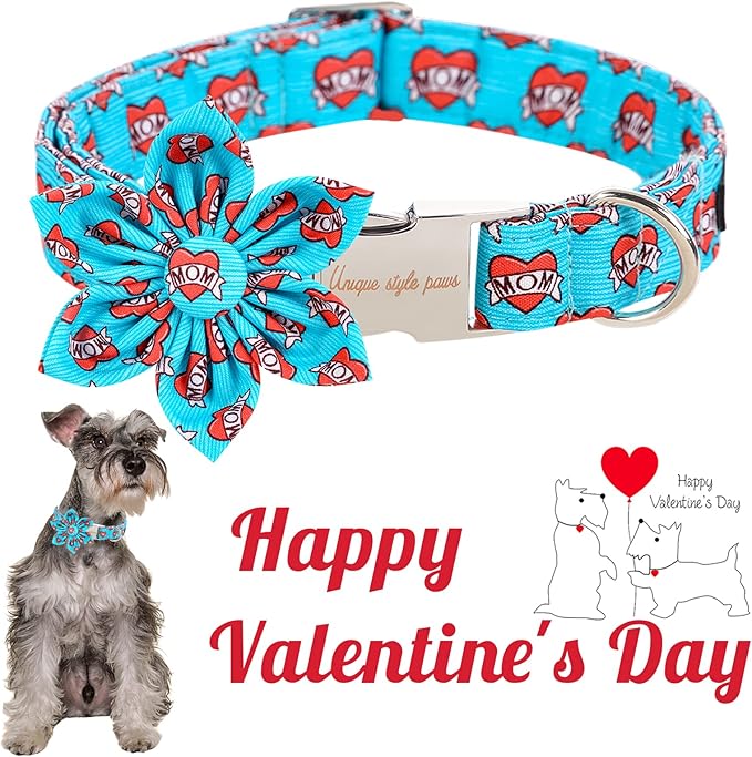 Unique style paws Valentine's Day Dog Collar with Flower Tie Blue Heart Puppy Collar Best Gift for Small Medium Large Boys Girls-S