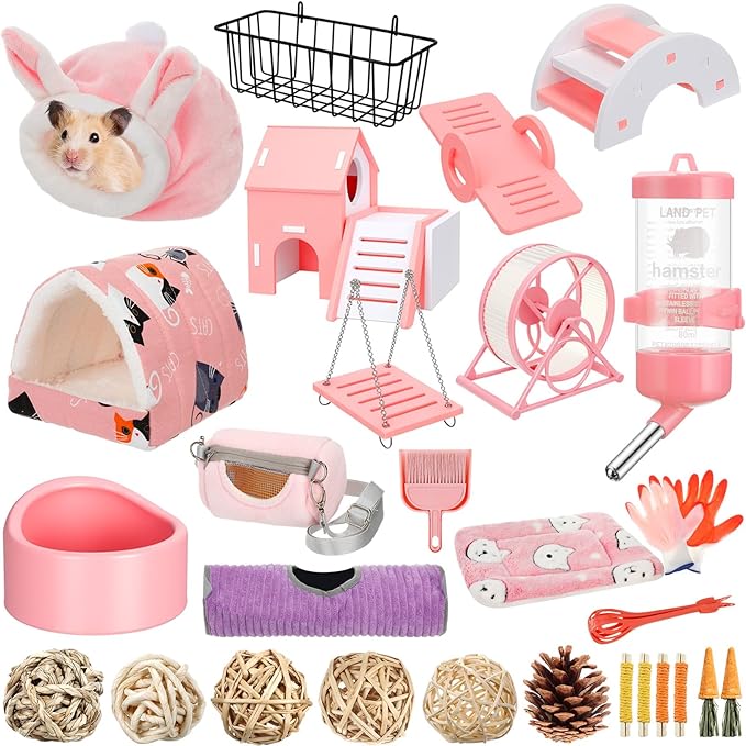 Teenyyou 24 Pcs Small Guinea Pig Starter Kit Essentials for Hamster Cage Accessories Toys House Bed Cage Cleaner Food Bowl Water Holder Carrier Bag Teething Toys Liner Tunnel for Beginner(Pink)