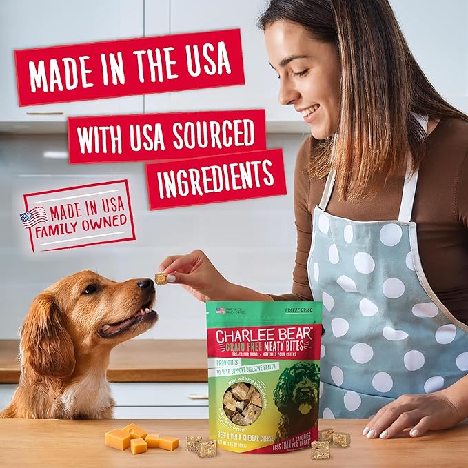 Charlee Bear Grain Free Meaty Bites Freeze Dried Dog Treats with Probiotics, Puppy Training Snacks, Soft Dog Bites Beef Liver with Cheddar Cheese, 2.25 oz Bags (2), Made USA