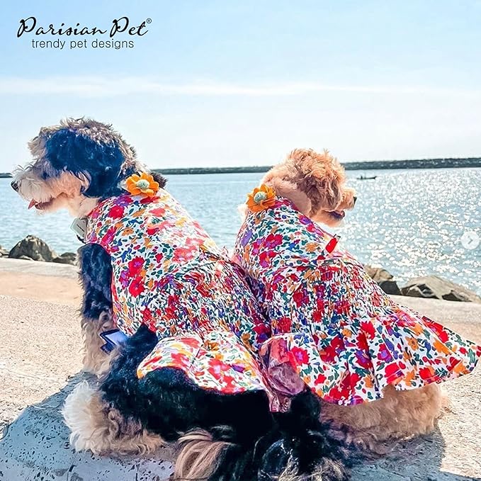 Parisian Pet Floral Dog Dress - 100% Cotton Summer Clothes for Large Dogs Girl - Ruched Waist Pet Dress - Stylish Printed Beach Dog Outfit - Lightweight Puppy Clothes - Sleeveless Dresses for Dogs