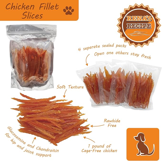 Rena's Recipe Chicken Fillet Slices Dog Treats – Soft High Protein Training Treats Made from Real Chicken Tender with Glucosamine & Chondroitin for Joint Support, 1 lb (4 oz x 4 Packs)