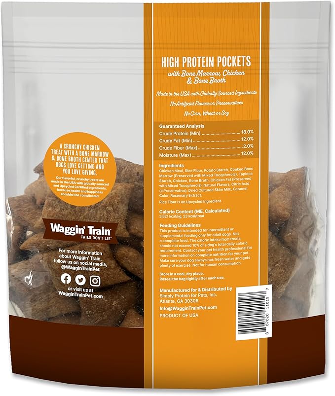 Waggin' Train High Protein Pockets Dog Treats, Crunchy Chicken Outside with Soft & Chewy Bone Marrow & Broth Inside, Great High Protein and Wheat Free Dog Treat, 36 oz. Pouch