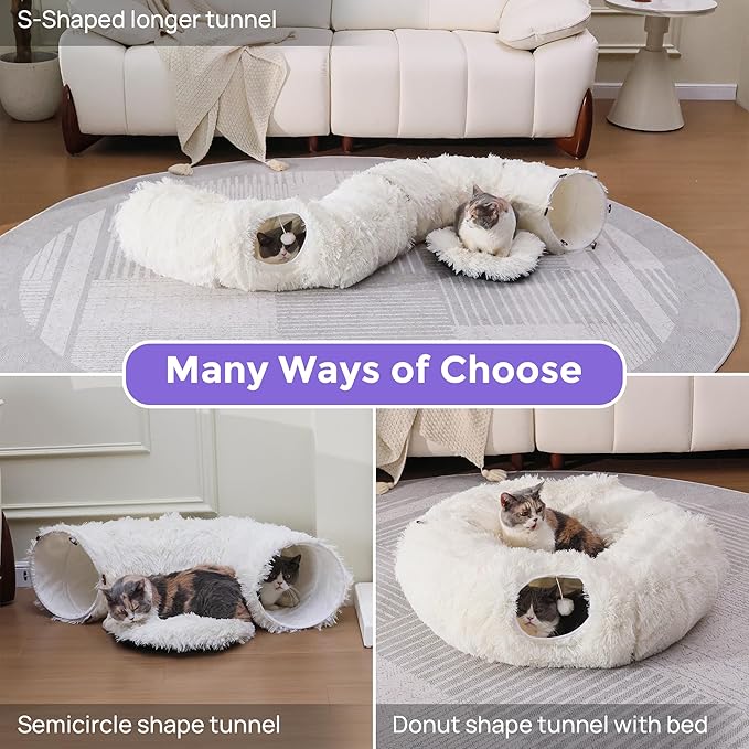 Cat Tunnel with Bed – Soft Plush Peekaboo Donut Cave for Indoor Cats | Under Christmas Tree Hideaway & Multifunctional Playground Toy for Kittens, Rabbits, Ferrets (Long-Pile Fabric White)