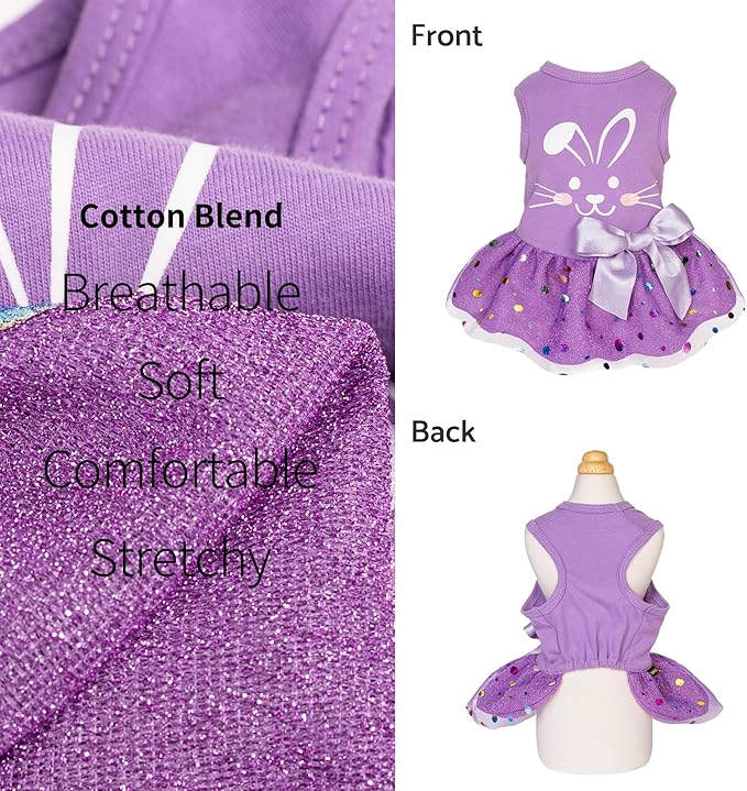 Fitwarm Easter Bunny Dog Dress, Holiday Dog Clothes for Small Dogs Girl, Pet Easter Outfit, Purple, White, XS